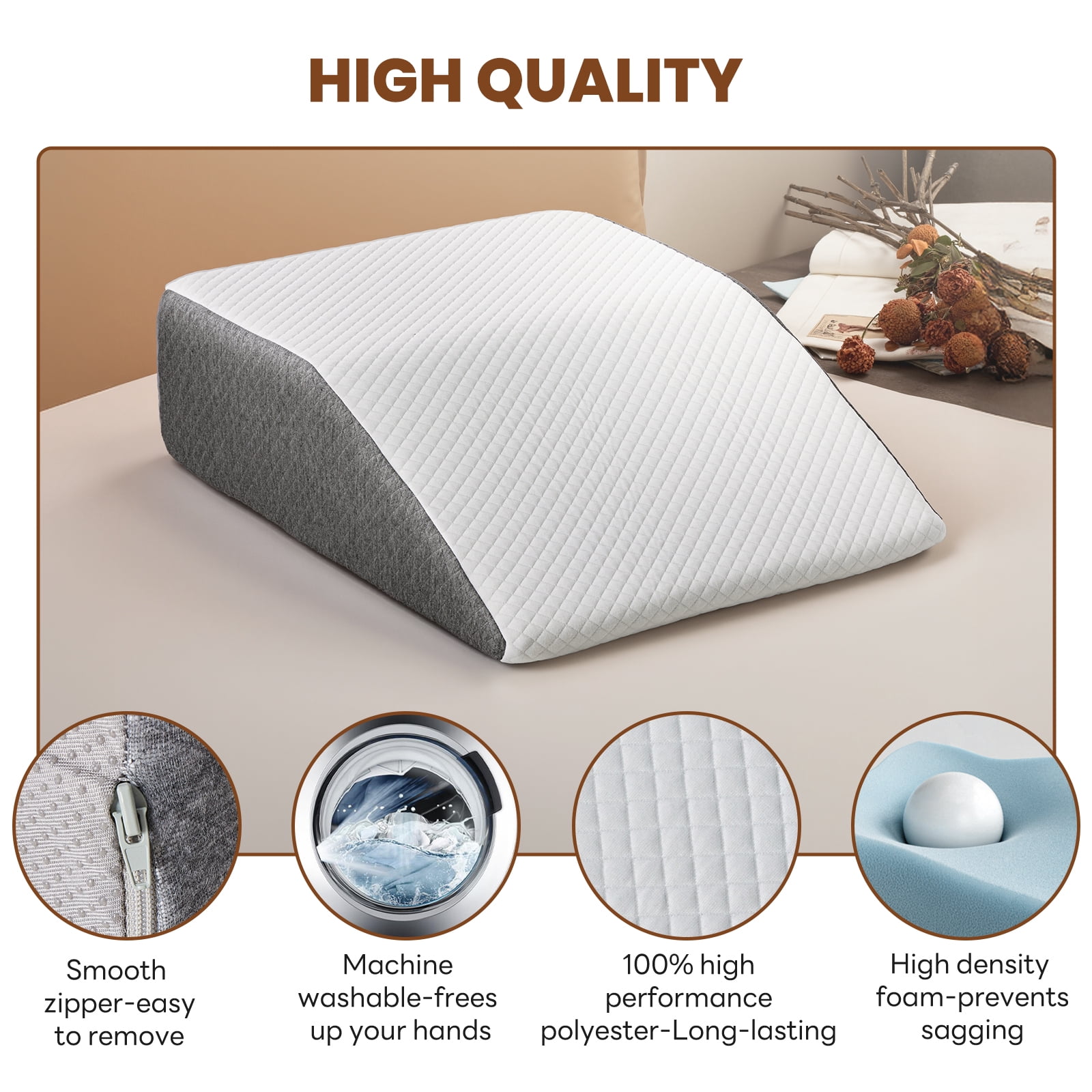 CONCETTA Wedge Pillow for Sleeping, Memory Foam Body Pillow for Acid Reflux, Neck & Back Pain Relief, Post-Surgery Recovery & Snoring Reduction, 7Inch