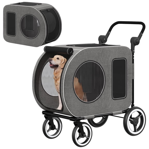 ModFurne Large Pet Stroller for Medium Dogs, 4 Wheels Foldable Dog Stroller for 2 Small Dogs with Detachable Carrier for Car Seat, Adjustable Handle, Up to 80 lbs, Gray