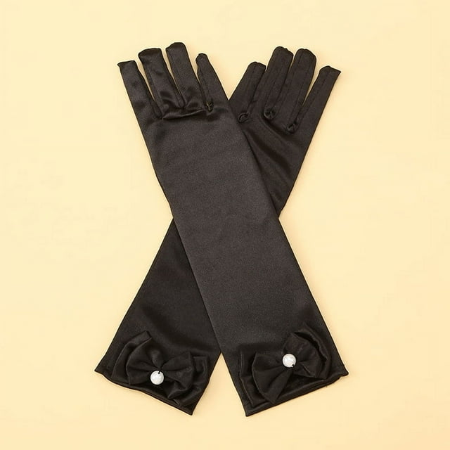 Zhuge Guantes de princesa, guantes largos de satén blanco para niña, guantes de princesa con lazos de diamantes para cumpleaños, bodas, fiestas de disfraces, color negro