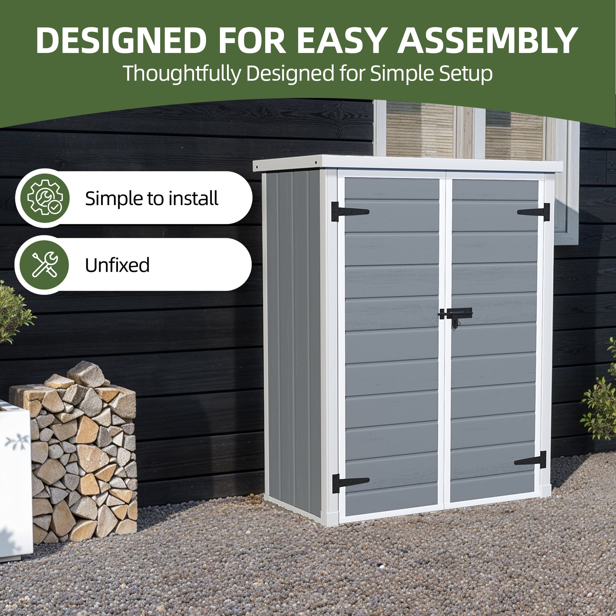 Craftian 49 Cu Ft Outdoor Vertical Storage Shed with Floor & 2 Shelves, Waterproof, Lockable (Gray)