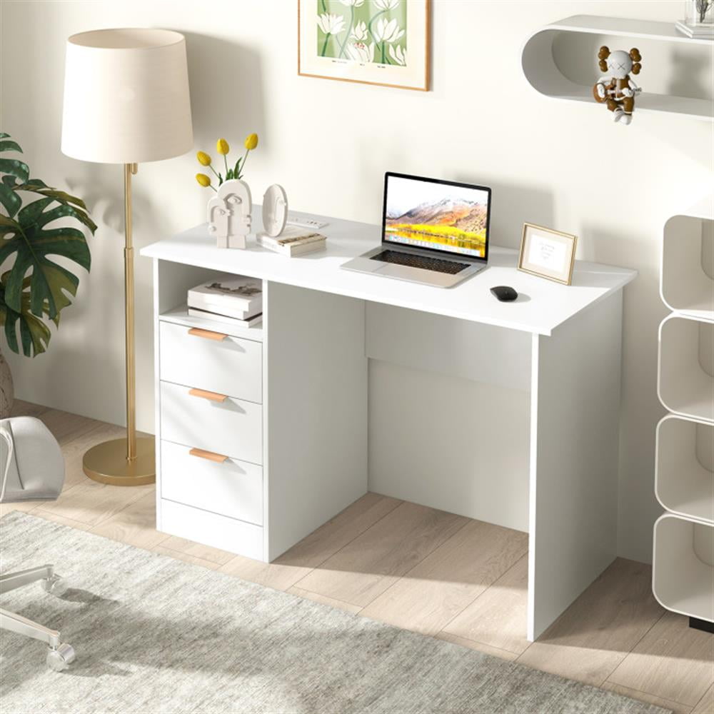 Demi Bonn Home Office Desk with Power Outlet 3 Storage Drawers and Open Compartment, Small Home Computer Desk Study Writing Table, White