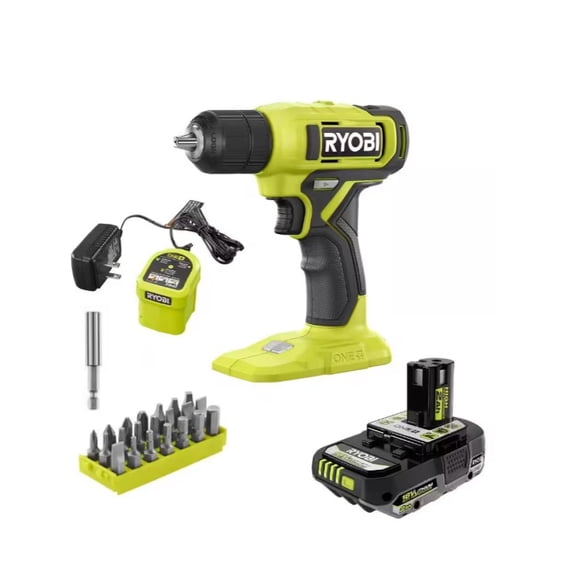 RYOBI ONE 18V Cordless 3/8 in. Drill/Driver Kit with (1) 2.0 Ah Battery, Charger & 28-Piece Screwdriving Driving Bit Set