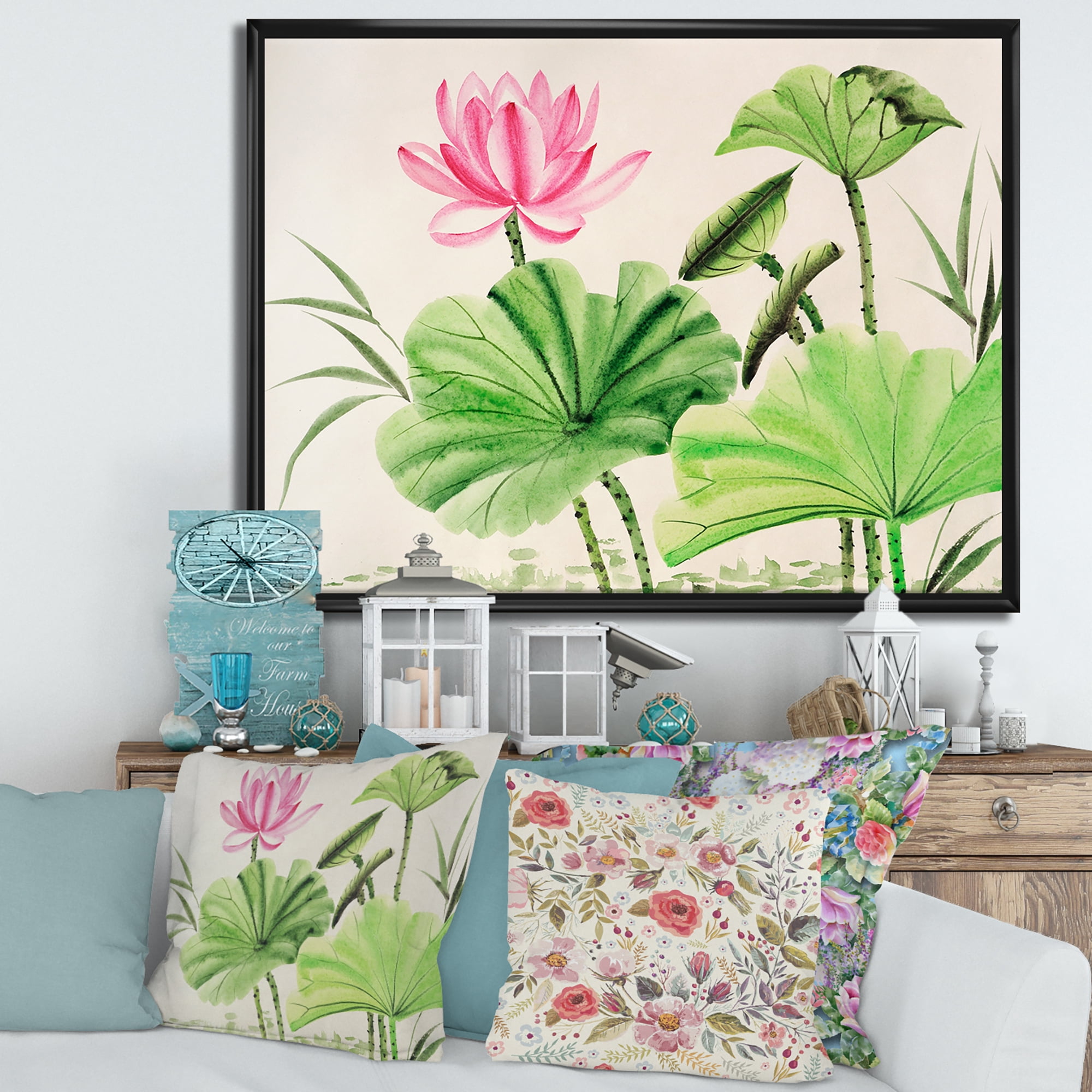 Designart 'Ancient Pink Lotuses In The Pond V' Traditional Framed Canvas Wall Art Print