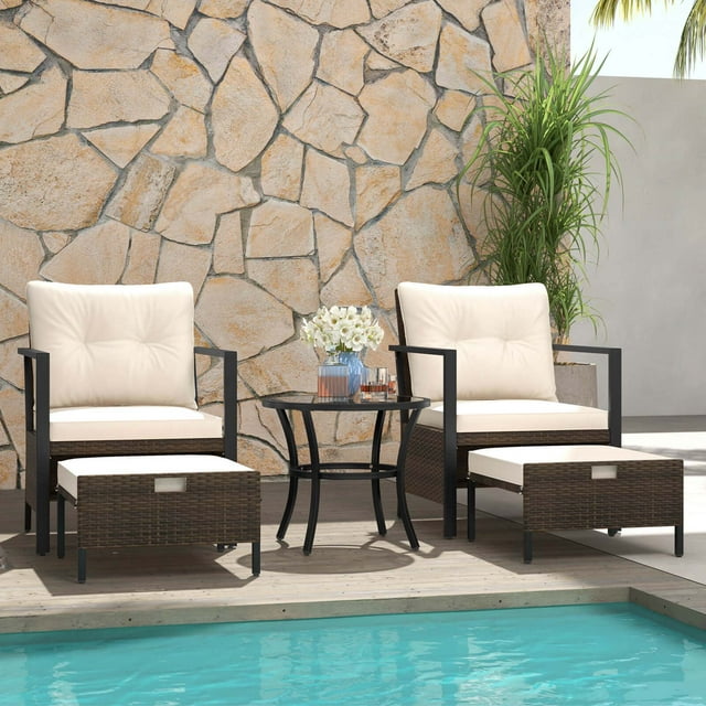 Costway 5 PCS Outdoor Furniture Set Rattan Chairs & Ottomans with Glass Topped Coffee Table Off White