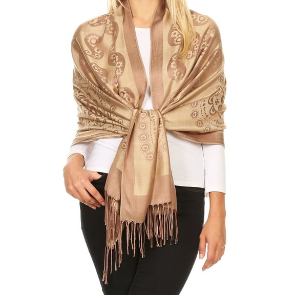 Sakkas Mia Reversible Brocade Paisley Scarf Wrap Shawl Soft and Light - Camel - One Size Regular