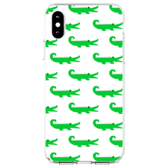 DistinctInk Clear Shockproof Hybrid Case for iPhone X / XS (5.8" Screen) - TPU Bumper, Acrylic Back, Tempered Glass Screen Protector - Green White Alligators - Cartoon Alligators