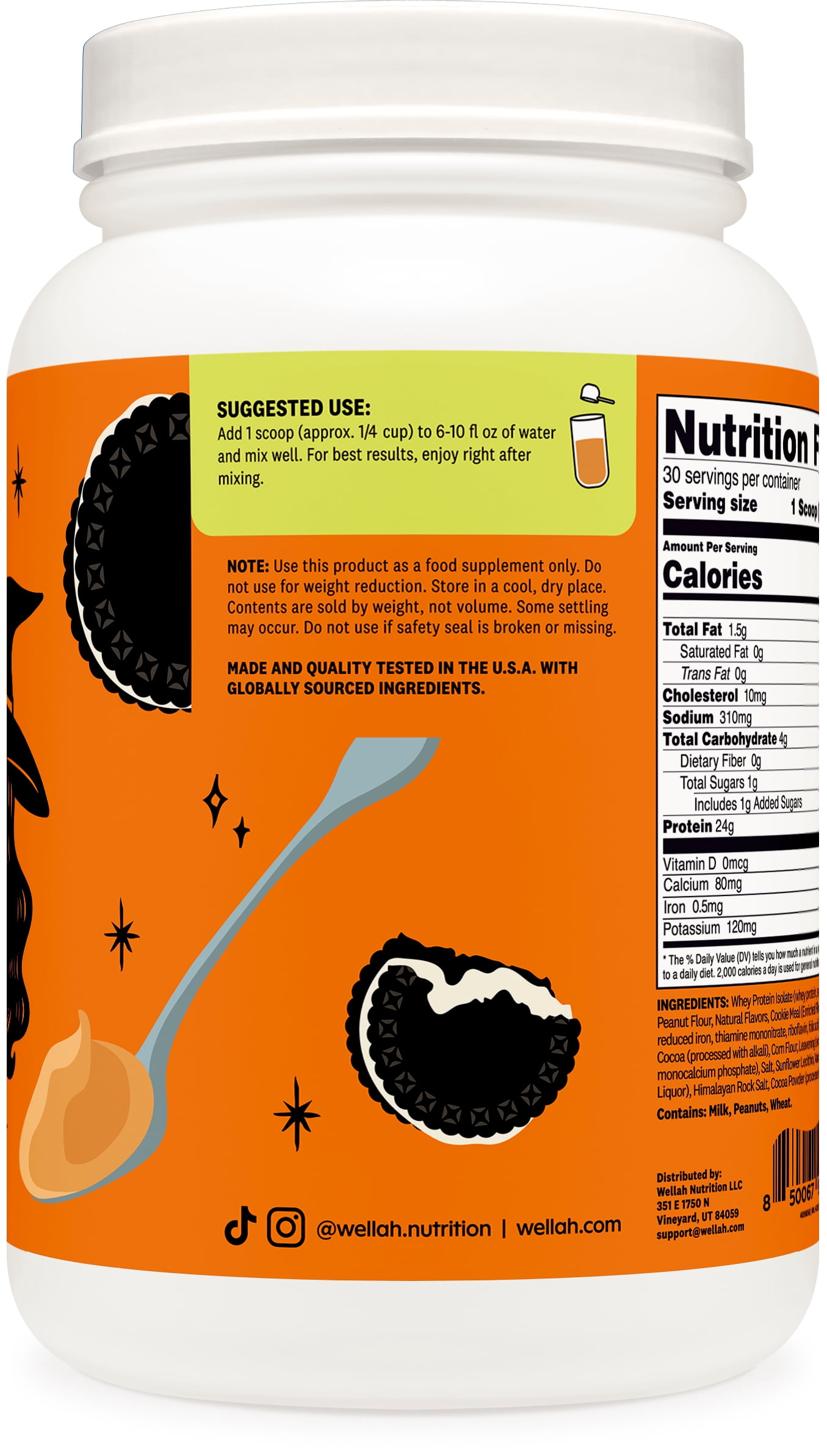 Wellah Grass-Fed Whey Protein Isolate Powder (Peanut Butter Cookie) 30 Servings - 24g of Protein, 120 Calories Per Serving, Naturally Sweetened