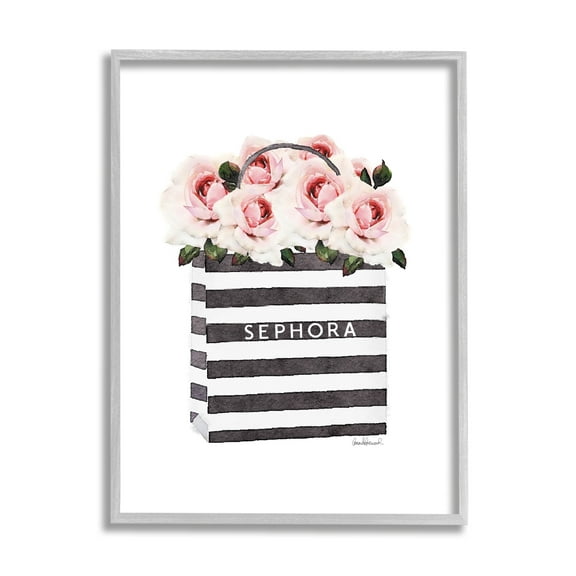 Stupell Industries Striped Makeup Shopping Bag Filled with Pink Roses Graphic Art Gray Framed Art Print Wall Art, 24x30, by Amanda Greenwood