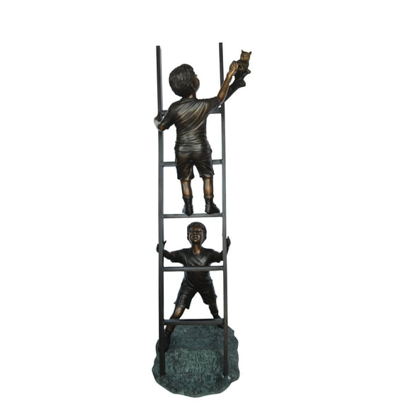 Nifao Two Kids Climb a Ladder Saving a Cat Bronze Statue – Garden Outdoor Decor Sculpture, 35"L x 24"W x 81"H