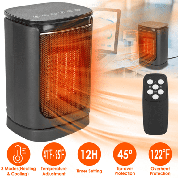Portable Ceramic Space Heater, 1500W Electric Heater with 90°Oscillation,Remote Control, 12H Timer, Tip‑Over & Overheat Protection for Home Office Dorm