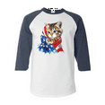 thumbnail image 1 of MmF - Mens Raglan Sleeve Baseball T-Shirts, up to Size 3XL - American Flag Cat, 1 of 4