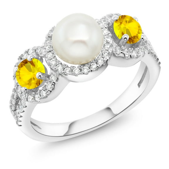 Gem Stone King 925 Sterling Silver Cultured Freshwater Pearl and Yellow Sapphire Ring for Women (1.52 Ct Round 4MM, Gemstone Birthstone, Available in Size 5, 6, 7, 8, 9)