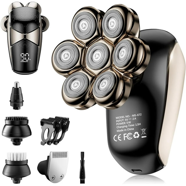 SHPAVVER 5-in-1 Waterproof Electric Razor for Bald Men - Rechargeable 7D Rotary Shaver Grooming Kit