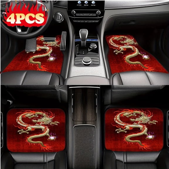 4PCS Red Dragon Car Floor Mats Set, Anti-Slip Floor Liners, Universal Fit for Cars, SUVs & Trucks, Dragon Art Design, All-Season Interior Protection, Easy Clean