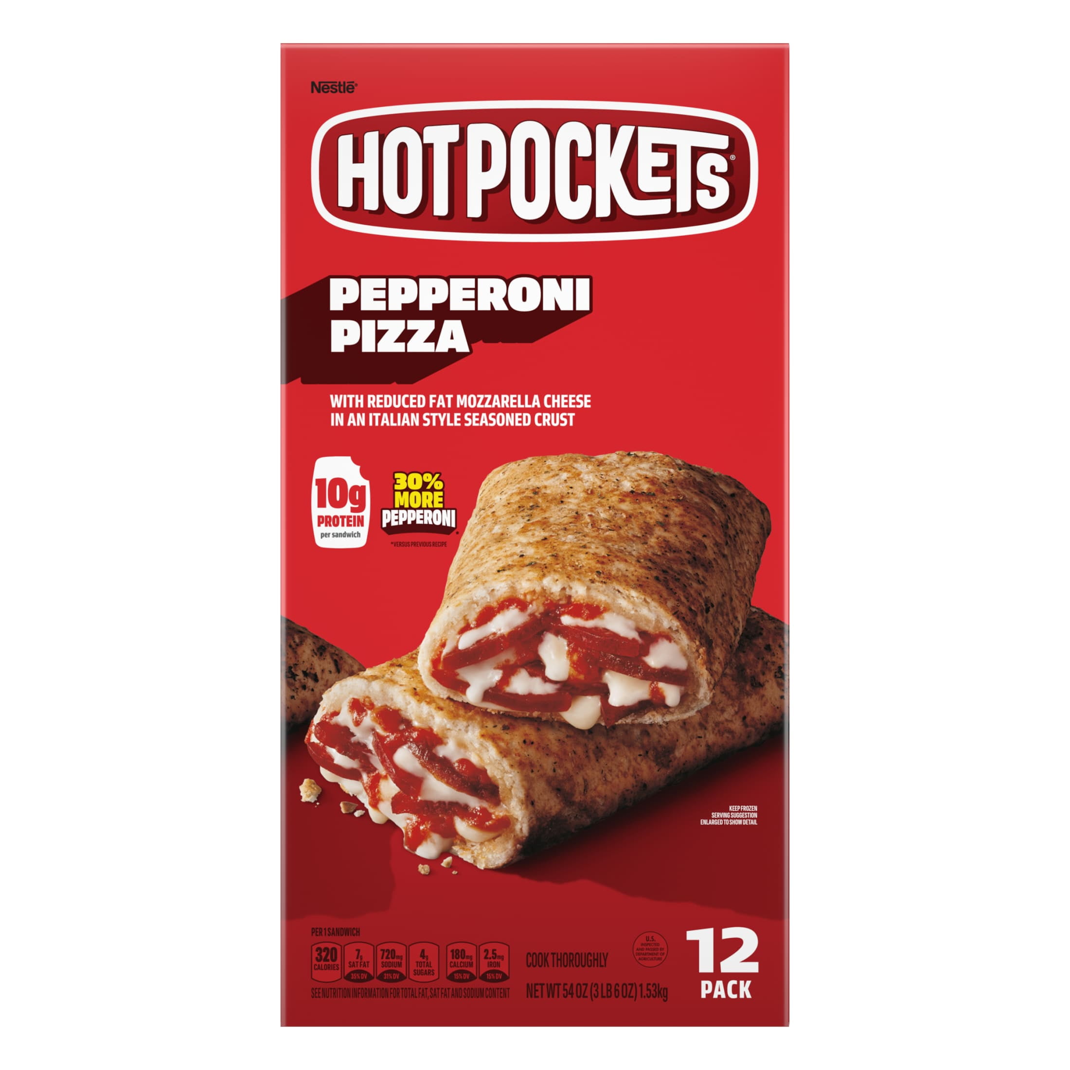 Hot Pockets Frozen Snacks Pepperoni Pizza, Italian Style Seasoned Crust, 54 oz, 12 Pack (Frozen)