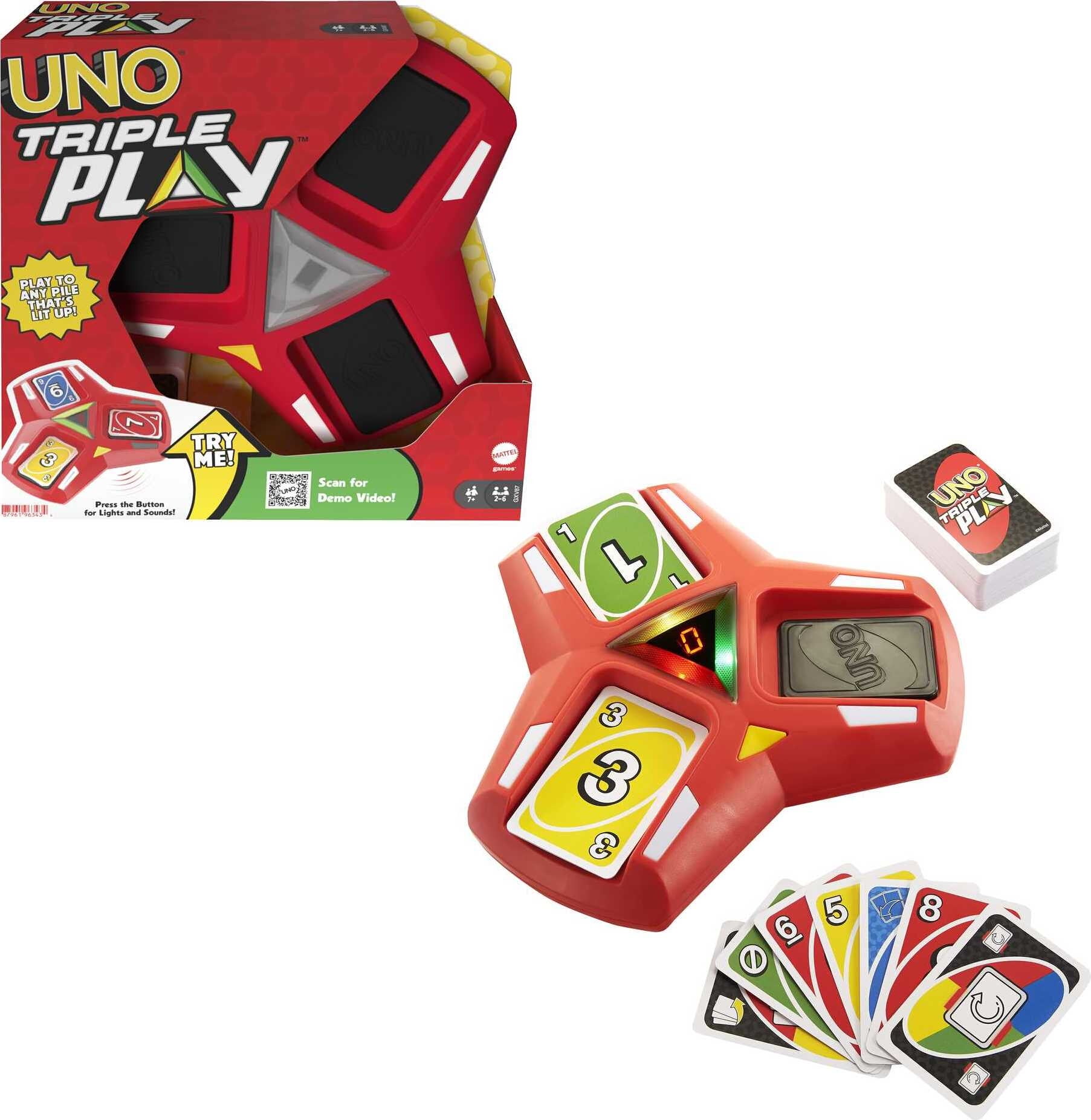 UNO Triple Play Card Game, Game for Family Night, Lights and Sounds