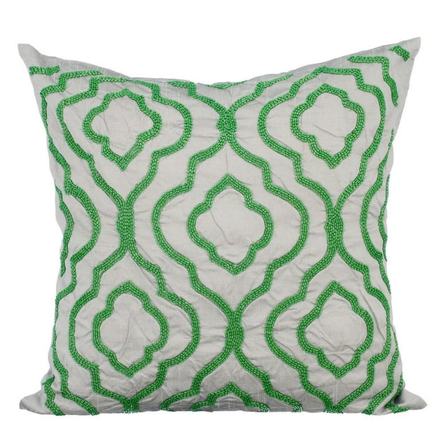 Grey Throw Pillow Cover, Art Deco Sparkly Beads Green Beads Pillow