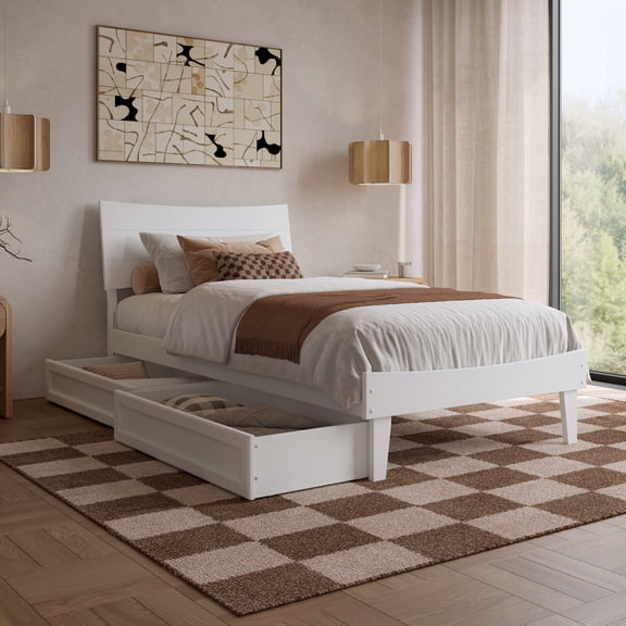 Phoenix Twin XL Solid Wood Platform Bed with Drawers in White