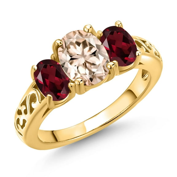 Gem Stone King 18K Yellow Gold Plated Silver Peach Morganite and Red Rhodolite Garnet Filigree Style 3 Stone Ring for Women (2.00 Cttw, Oval 8X6MM and 6X4MM) (Size 8)