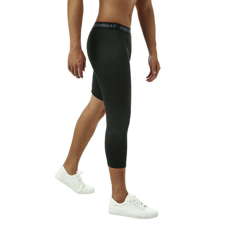 Men One Leg Compression Pants 3/4 Capri Tights Athletic Basketball Leggings  Workout Base Layer Underwear (Black 1, L)