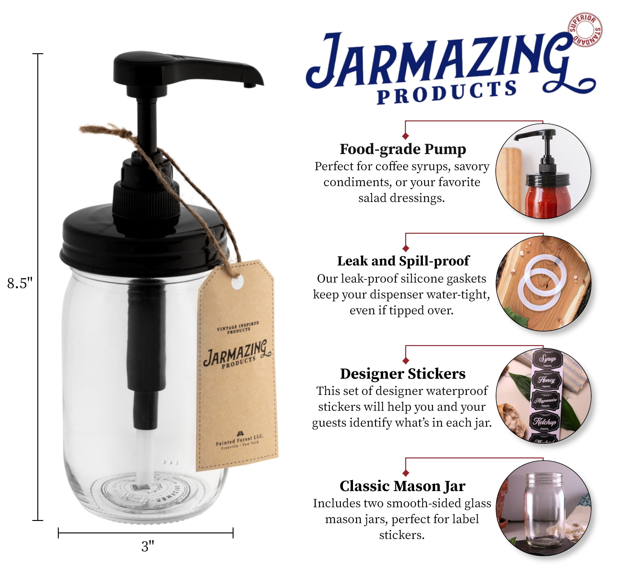 Mason Jar Syrup Dispenser - Set of 2 – 16 oz Smooth Jars with Rust-Proof, Leak-Proof, Food Grade Pumps for Honey, Syrups, Condiments, Salad Dressings and More