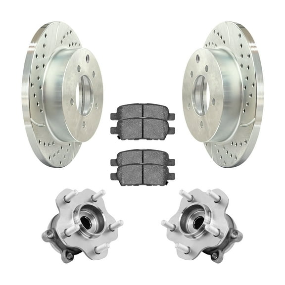 AutoShack Rear Drilled & Slotted Brake Rotors Ceramic Brake Pads Wheel Bearing Hub Assembly | Replacement for 2014-2017 Nissan Juke 1.6L AWD | Zinc Coated | 8-PC Brake Kit | SilverShield Pro