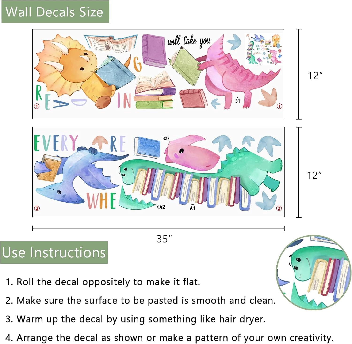 Dinosaur Book Reading Corner Inspirational Wall Decals Stickers, Reading Will Take You Everywhere Toddler Nursery Classroom Decor, Positive Quote Home Decorations Kids Bedroom Study Room Art