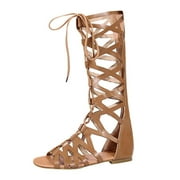 Jsaierl Women Gladiator Sandals Flat Strappy Lace Up Open Toe Knee High Flat Sandal Zipper Summer Roman Shoes