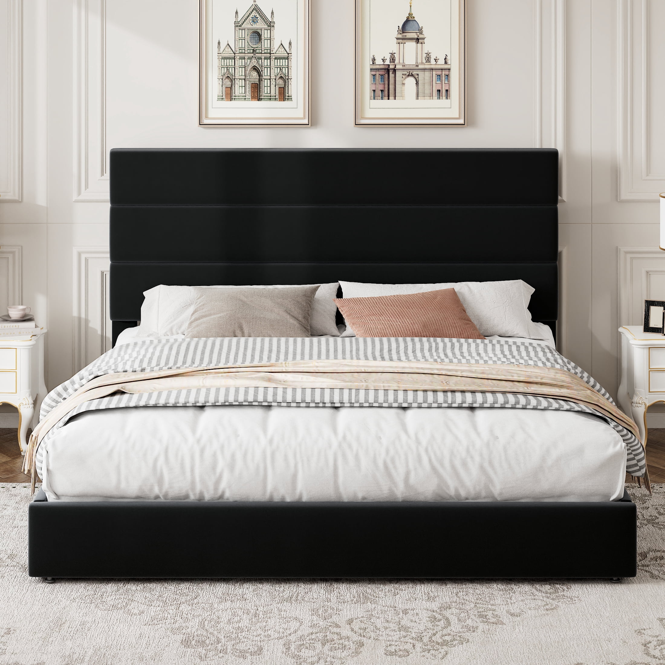 Amolife Queen Size Storage Platform Bed Frame with 4 Drawers & Upholstered Velvet Slat Headboard, Black