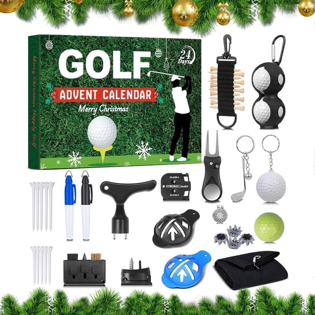 2026 Golf Advent Calendar (Cuenta Regresiva de 24 Días), Kit Premium Listo para el Campo con Pelotas Novedosas, Camisetas de Bambú y Herramienta de Metal Divot, Caja de Regalo Misteriosa para Hombre