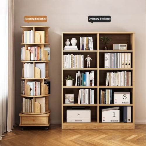 6 Tier Rotating Bookshelf, 360° Display Spinning Bookshelf Tower with Wheels and Drawer, Wood Tall Bookshelfs for Small Space, Corner Bookcase for Bedroom, Living Room, Study Room