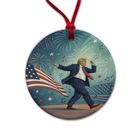 Dancing Patriotic Donald Trump Funny Christmas Tree Holiday Round Ceramic Ornament