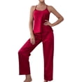 thumbnail image 1 of B91xZ Ensemble de Pyjama en Satin de Soie pour Femmes, Short Classique, Chandail Long en Satin de Soie, Rouge P, 1 of 5