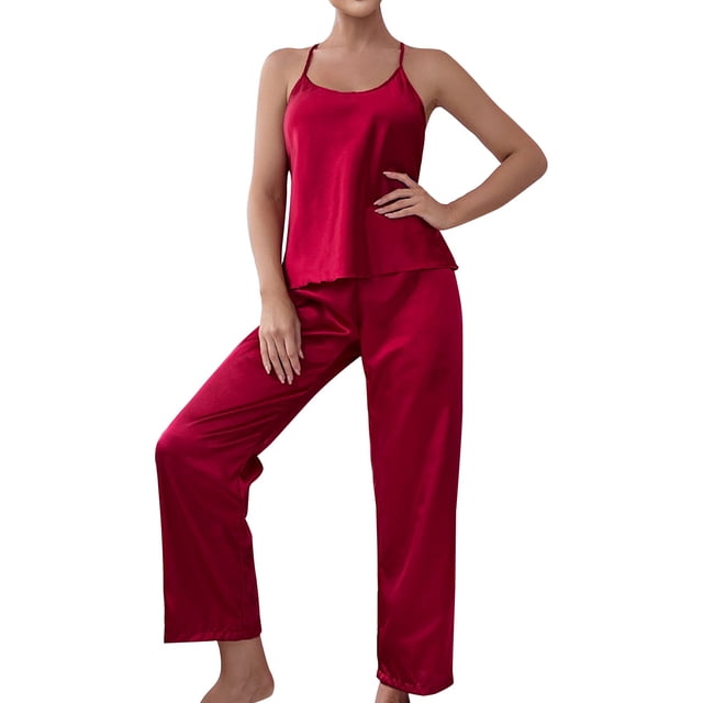 B91xZ Ensemble de Pyjama en Satin de Soie pour Femmes, Short Classique, Chandail Long en Satin de Soie, Rouge P