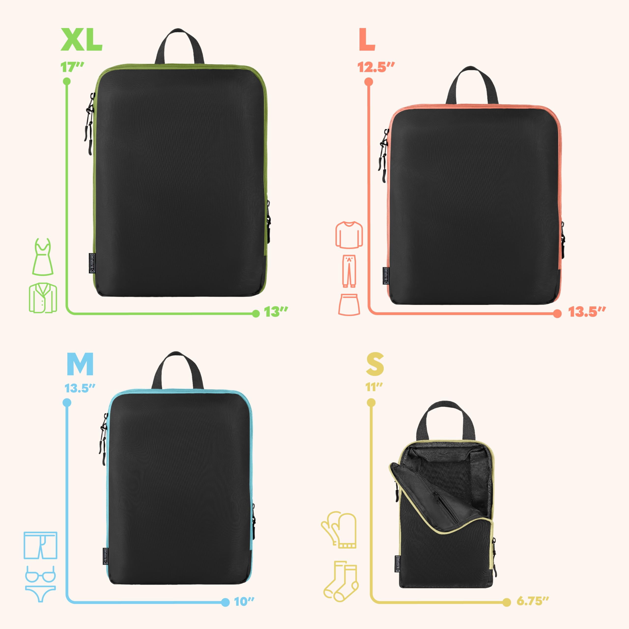 BLISSFORD Compression Packing Cubes for Travel Packing Cubes for Organizing Suitcases and Luggage