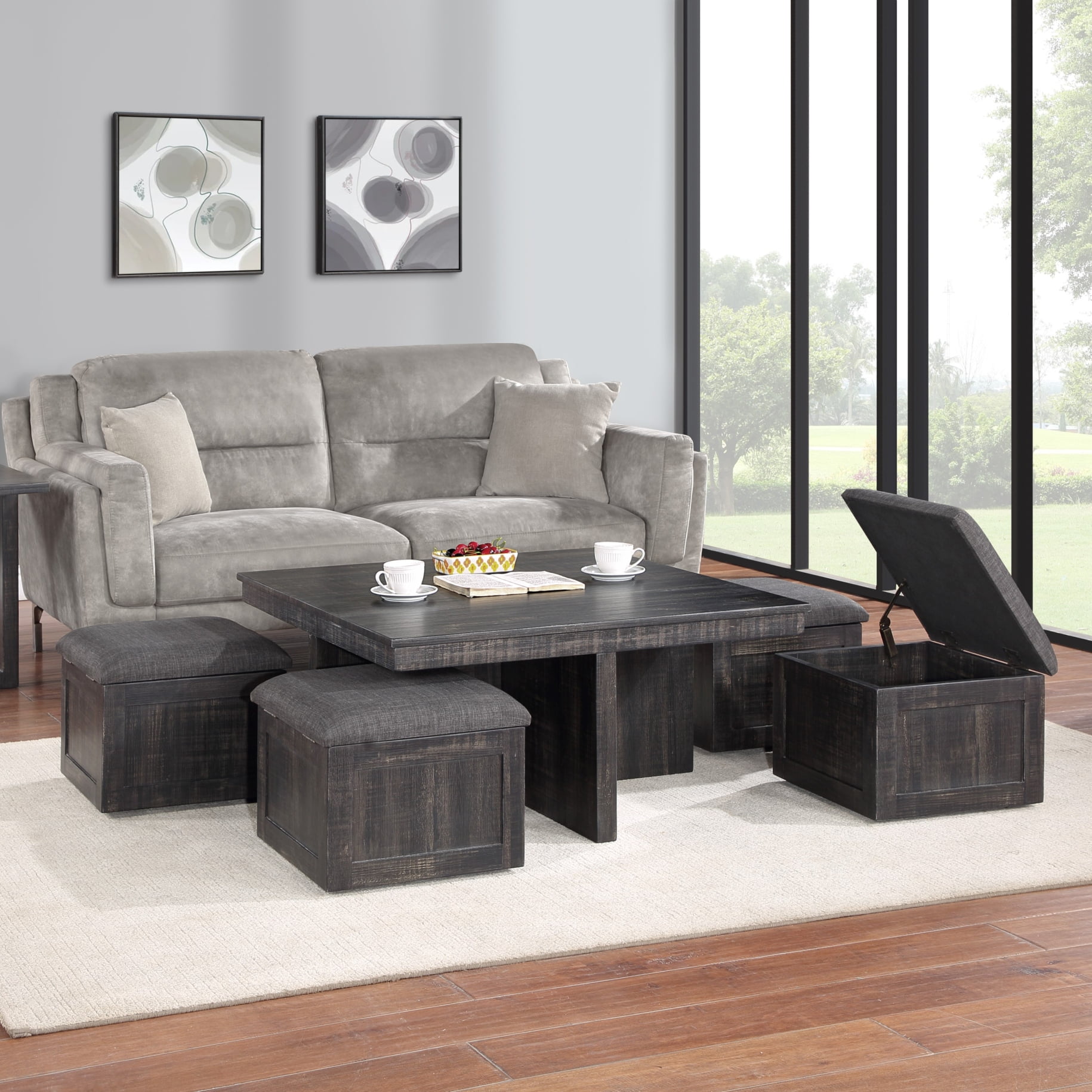 Gray Oak Coffee Table with Four Upholstered Storage Nested Stools