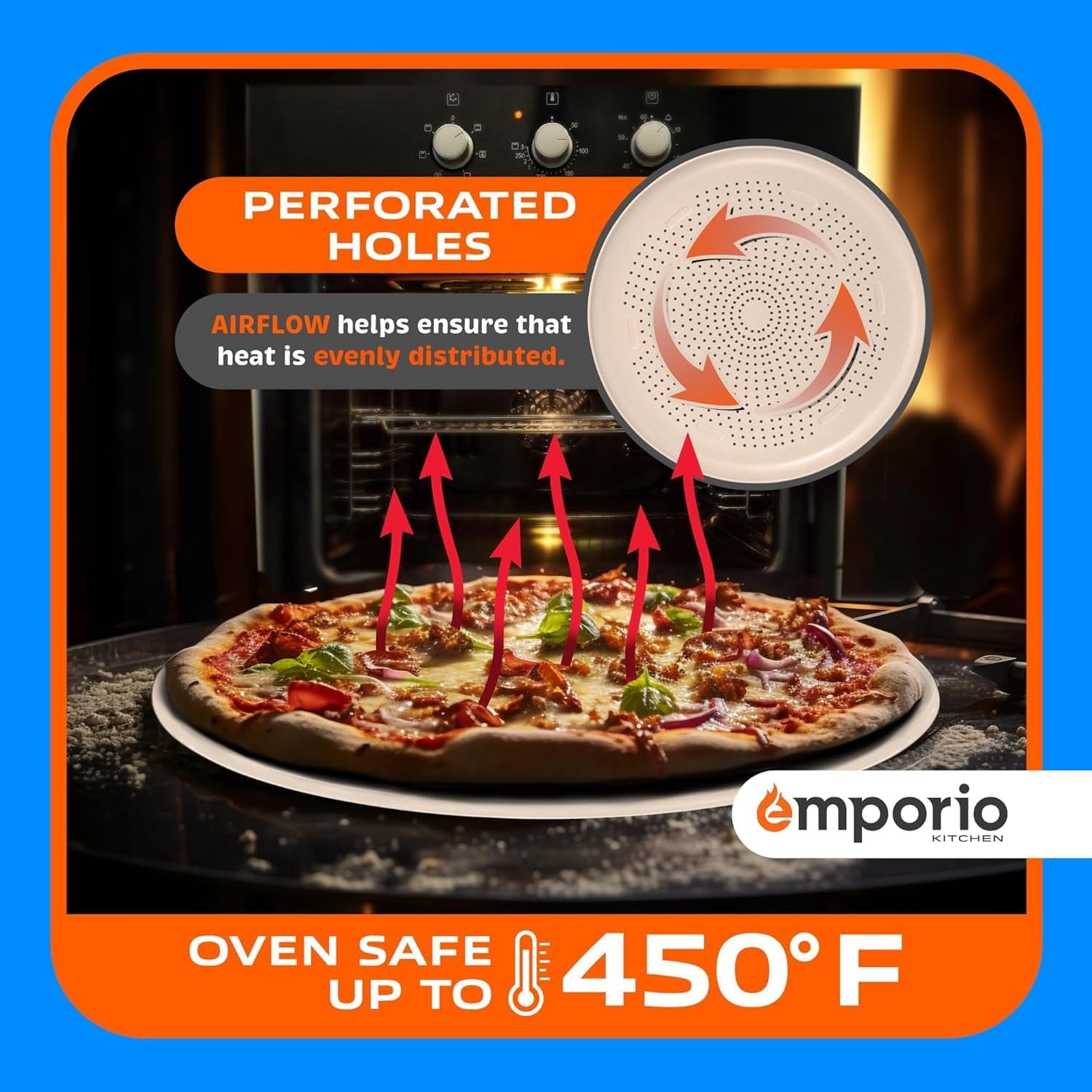 Emporio Kitchen Non-Stick Pizza Pan 2 Pack – 16 Inch Round Carbon Steel Pizza Tray with Perforated Holes, PFOAPFOSPTFE-Free, Dishwasher & Oven Safe Up To 450°F, Nonstick White Marble Coating