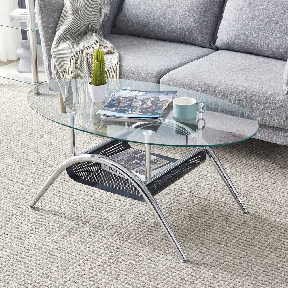Kepooman Modern Oval Glass End Side Table with Mesh Storage Holders for Living Room, Transparent Kepooman Modern Oval Glass End Side Table with Mesh Storage Holders for Living Room, Transparent