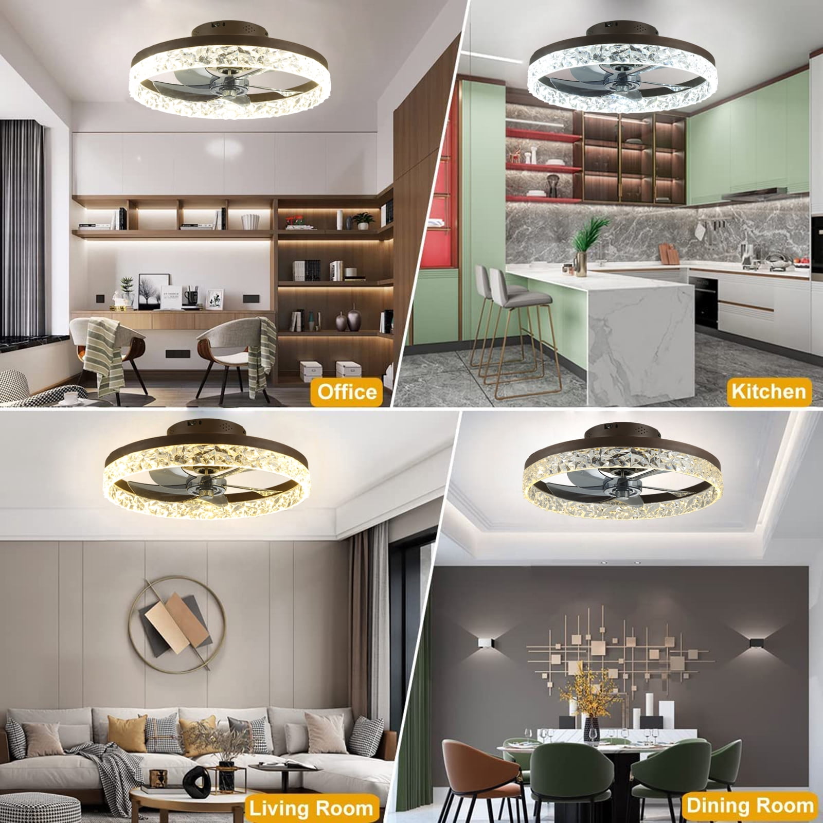 JLPAN Modern Ceiling Fans with Lights and Remote, 20 in Low Profile Ceiling Fan Flush Mount, 3000K-6500K Dimmable Bladeless LED Fan Light, Fandelier Ceiling Fans with Lights for Bedroom, Brown
