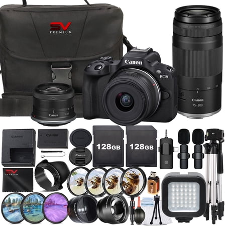 Canon EOS R50 Mirrorless Camera with RF-S 18-45mm + 75-300mm Lens + 2 Pack 128GB Memory Card + Case + Wide Angle + SV Premium Accessory Bundle (International Version)