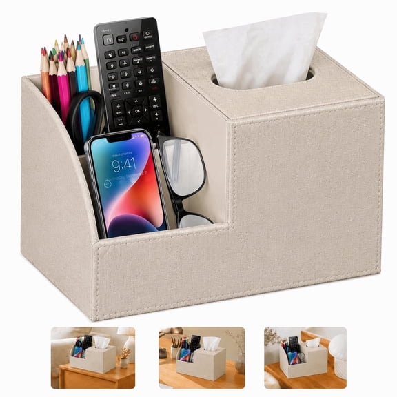 Multifunctional PU Leather Tissue Box Cover, Nightstand Storage Organizer with TV Remote Control Holder for Bedroom Desk Dresser