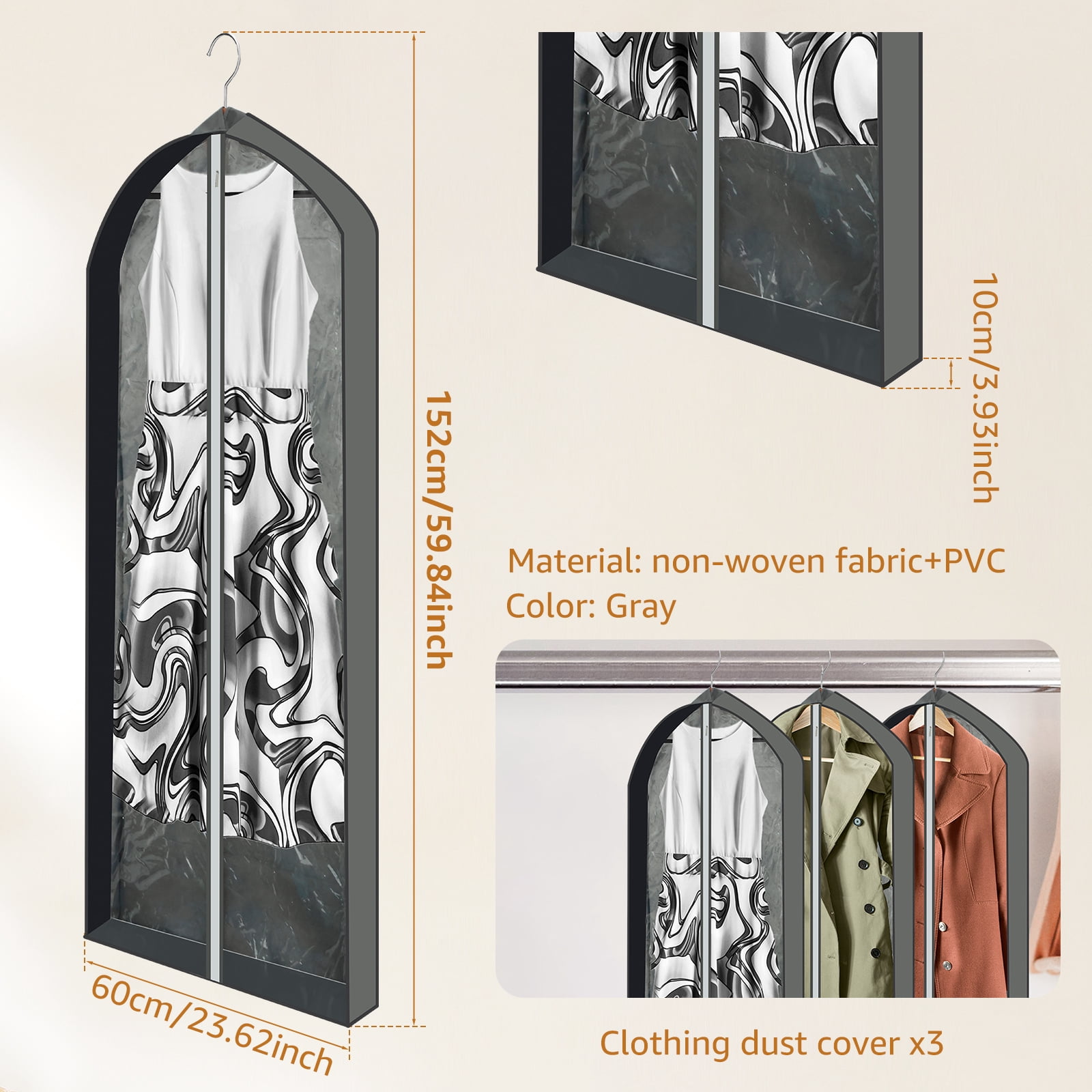 Vensio -60 Inch Hanging Garment Bags for Closet Storage 3 Pack, Clear Front Suit Protector Cover with Zipper for Long Dresses Coats and Gowns, Breathable Dustproof Clothes Bag for Travel Grey