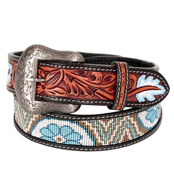 Bar H Equine Hand Carved Western Leather Belt Men Women Beaded Medium