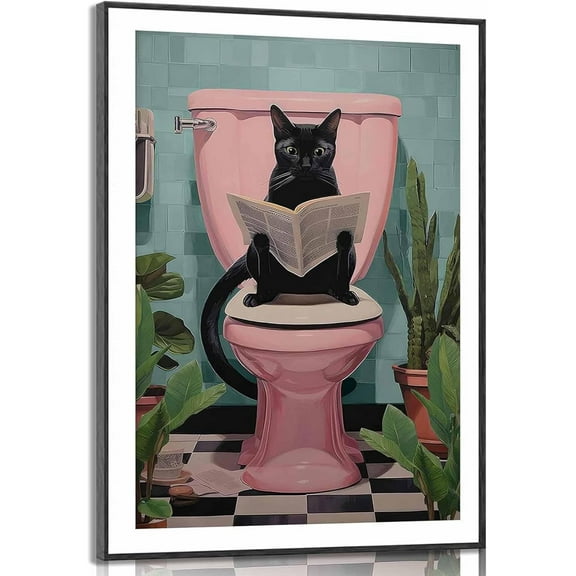 Aaheei Funny Bathroom Cat Canvas Wall Art Black Cat Sitting on Toilet Reading Newspaper Painting Picture Wall Decor Poster Print Artwork for Toilet lavatory Home Decoration