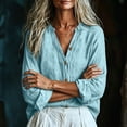 thumbnail image 4 of Nmnitkp Long Sleeve Shirts for Women Cotton Linen Button Down Shirt Stand V Neck Roll Up Long Sleeve Loose Fit Casual Blouse for Fall Work Daily Loungewear Light Blue,XL, 4 of 7