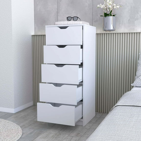 Newboti Furniture Logan White 5 Narrow Drawer Dresser 25911