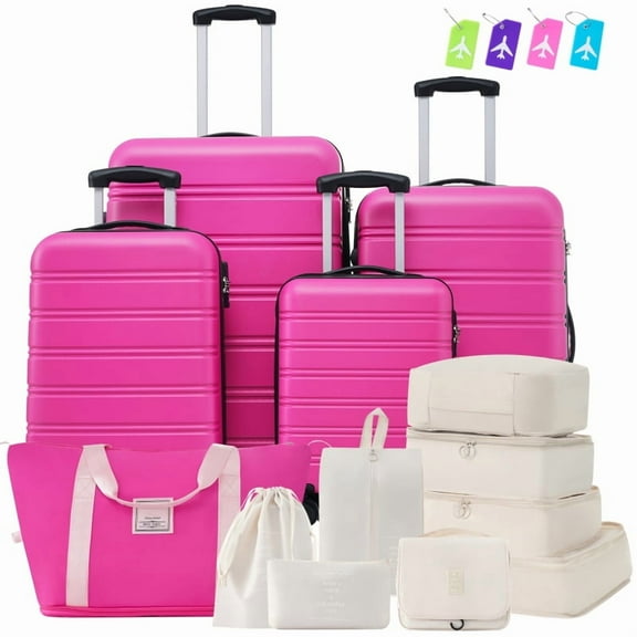 Hardshell 4-Piece Luggage Set with TSA Lock & Travel Bag — ABS Lightweight Spinner Suitcases 16″/20″/24″/28″ — Pink
