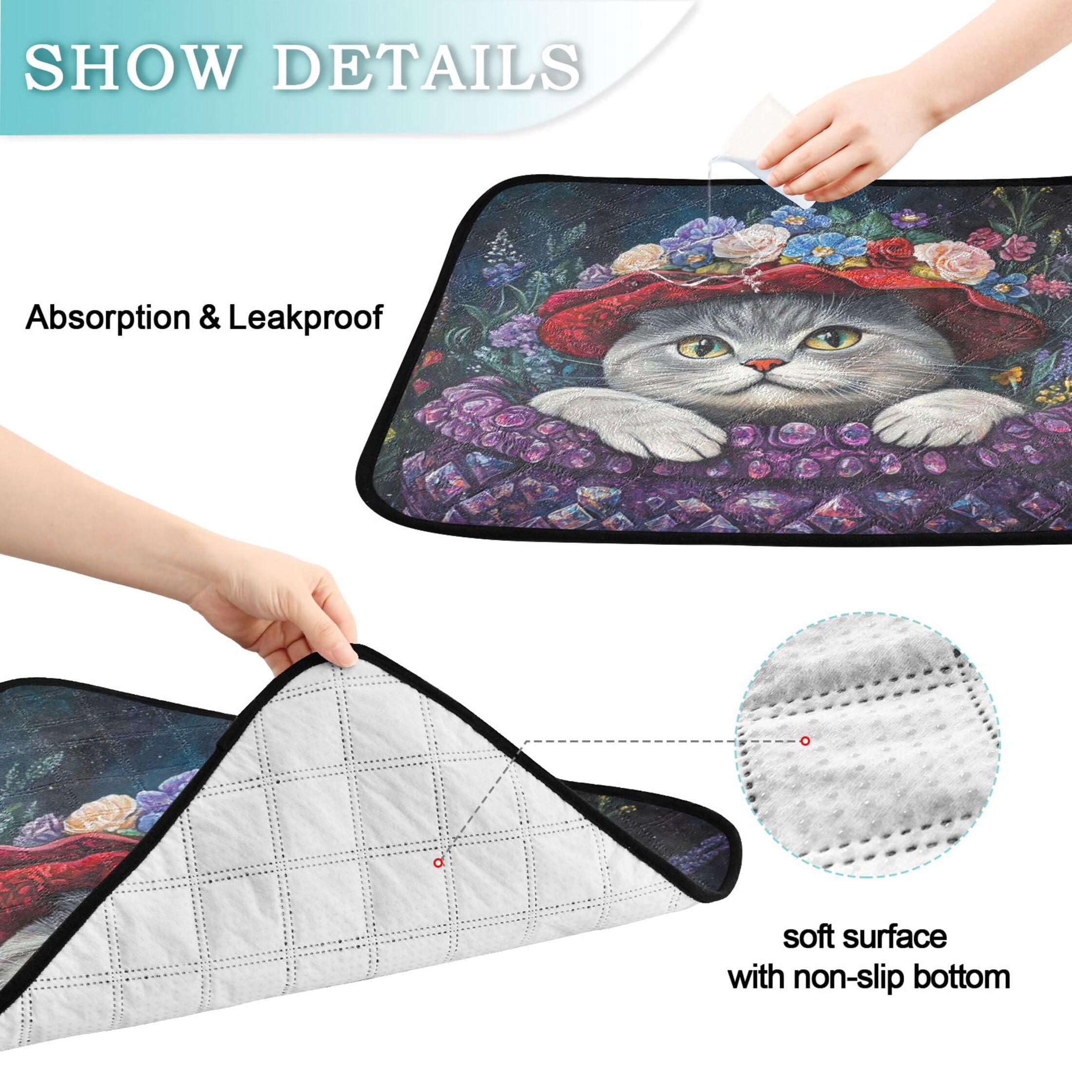 Qxltty Cute Cat Wearing Wreath Cat litter Pads Pet Set of 2 Diaper Mats Center Anti-leakage Layer Absorbent Soft and Comfortable