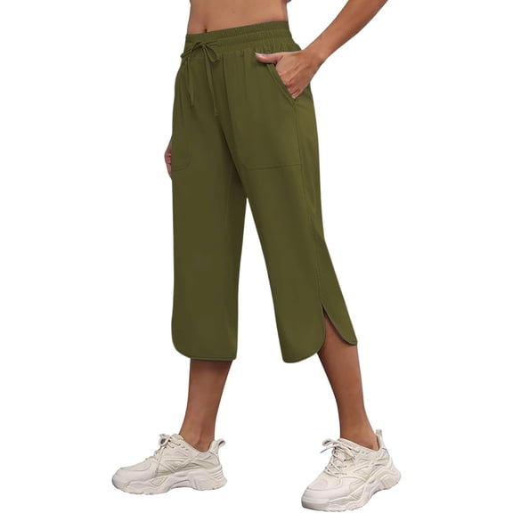 Floleo Women's solid cropped pants with elastic drawstring waist side pockets and side slits for summer casual daily wear relaxed fit capri trousers
