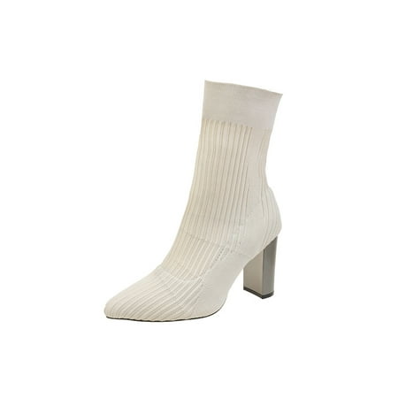 

Ymiytan Ladies Casual Block Heel Boot Office Comfort High Heels Elastic Socks Boots Beige 8.5
